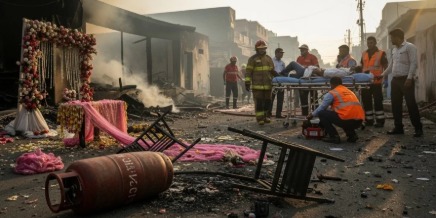 Firefighters at a Jodhpur wedding venue after a gas cylinder explosion injured several people.