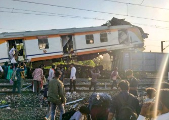 Rescue teams at the site of the Chhattisgarh train crash where a goods train collided with a passenger train after overshooting a red signal.