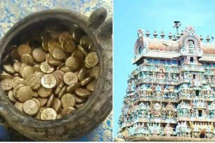 Earthen pot containing 103 ancient gold coins discovered during temple renovation in Tamil Nadu.