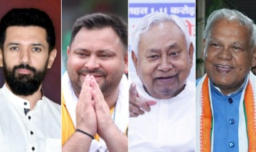 Election officials and voters at polling booths in Bihar during Phase 1 of the state assembly elections.