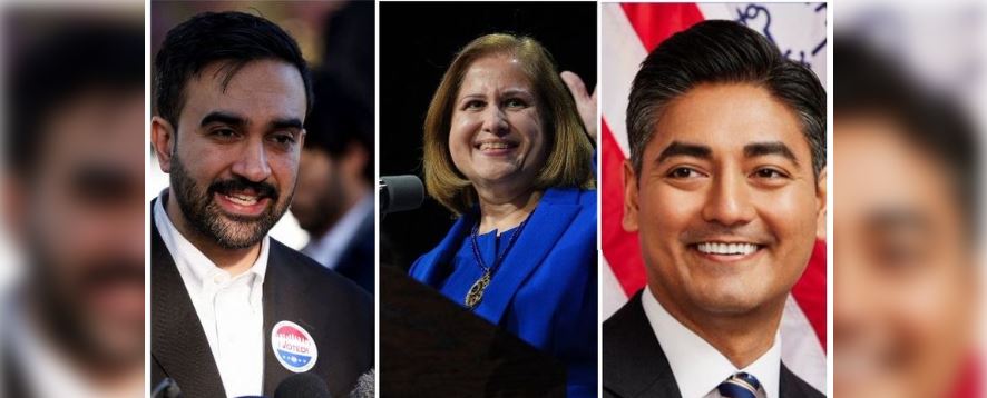 Indian-American leaders Zohran Mamdani, Aftab Pureval, and Ghazala Hashmi celebrating political victories in the US