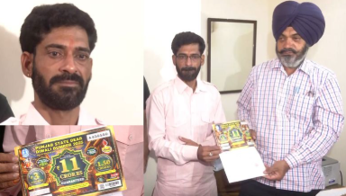 Rajasthan vegetable market vendor holding lottery ticket slip and smiling after winning