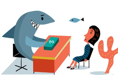 An illustration showing a person avoiding a predatory loan shark offering high-interest loans with hidden traps.