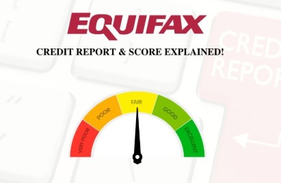 Equifax credit score report showing financial health and credit rating on a laptop screen