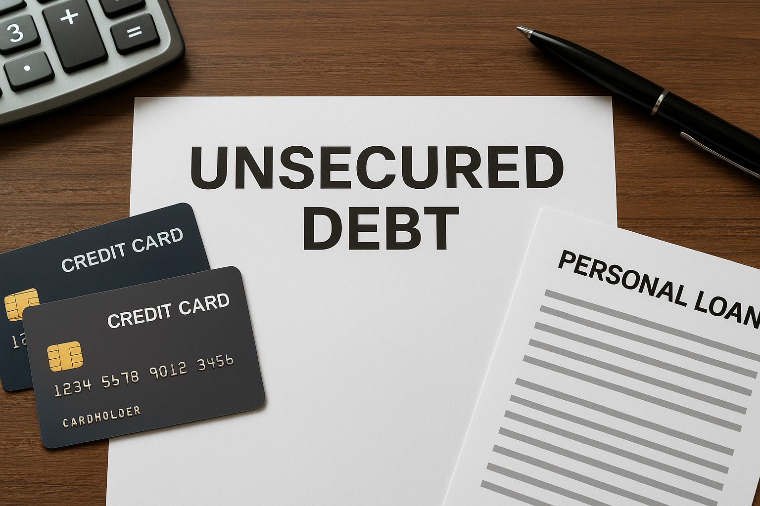 Unsecured debt concept showing credit cards, personal loans, and documents on a desk.