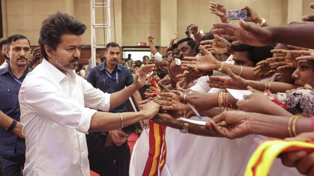 Vijay addressing supporters after declaring political challenge to DMK ahead of Tamil Nadu 2026 elections