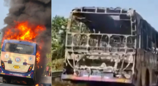 Odisha RTC bus engulfed in smoke as passengers stand safely at a distance near Salur