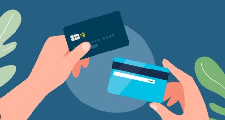 Illustration showing a person managing debit and credit card autopay settings securely