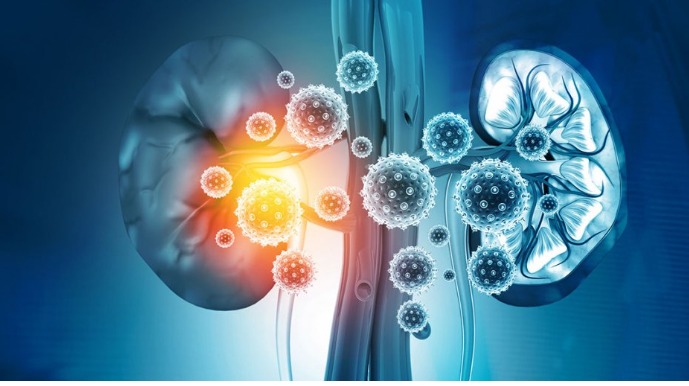 Illustration of a tropical cyclone over land, with overlay showing medical icons for kidney disease and disrupted healthcare services