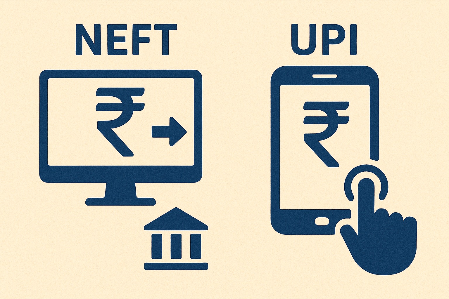 Illustration showing NEFT and UPI digital payment icons, representing instant vs batch-based money transfer in India.