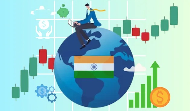 Illustration showing a beginner investor exploring different investment options in India, including stocks, mutual funds, and gold.