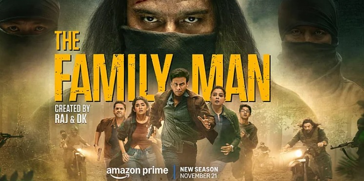 The Family Man 3 trailer poster showing Manoj Bajpayee as Srikant Tiwari on the run, with intense action and suspense-filled visuals.