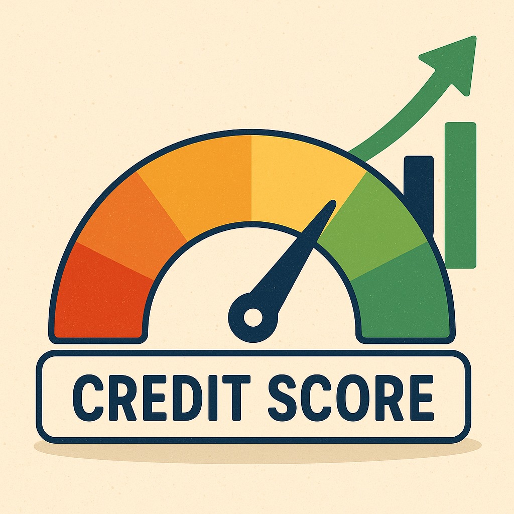 Illustration showing a rising credit score meter, symbolizing financial growth and stability.