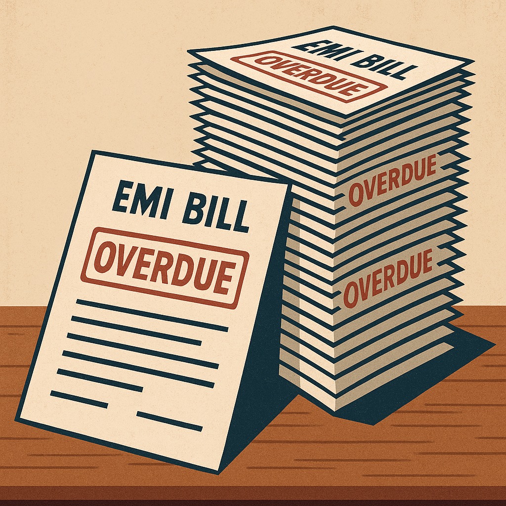 An illustration showing overdue EMI bills stacking up, symbolizing how one missed payment can lead to long-term debt. make image