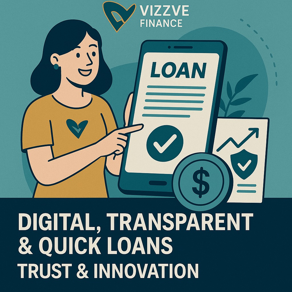 Illustration showing Vizzve Finance helping customers with digital, transparent, and quick loans, representing trust and innovation.