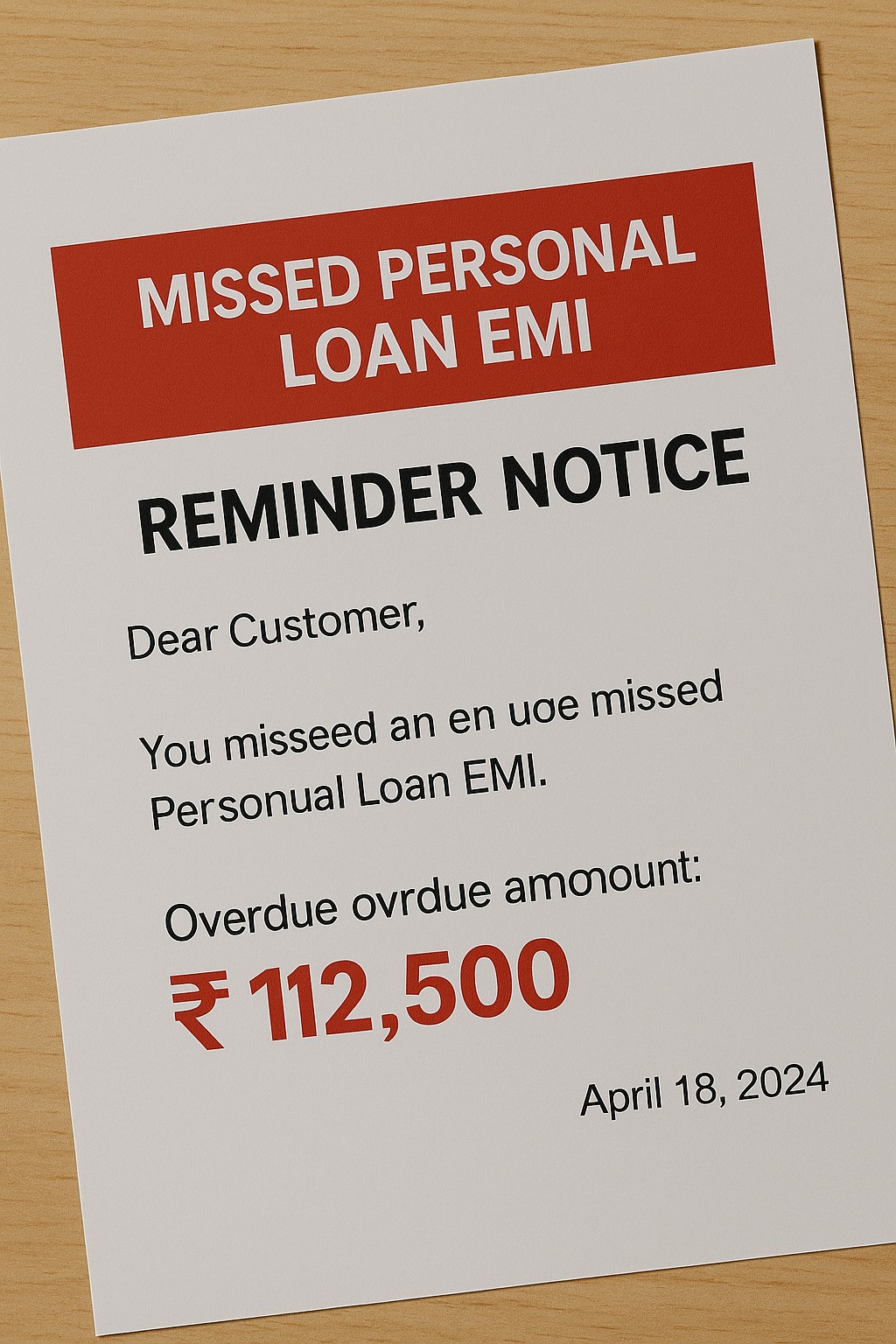 Missed personal loan EMI reminder notice showing overdue amount