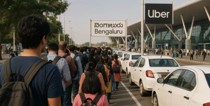 Passengers wait in long queues for Uber cabs at Bengaluru airport after viral video highlights transport chaos