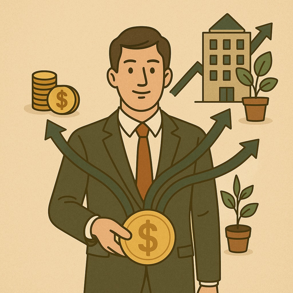 An employee converting salary into multiple investment streams symbolizing growing financial assets and passive income.