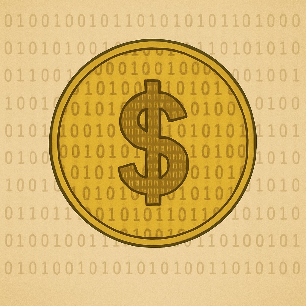 A digital coin made of binary code representing data as the new global currency in the modern economy.