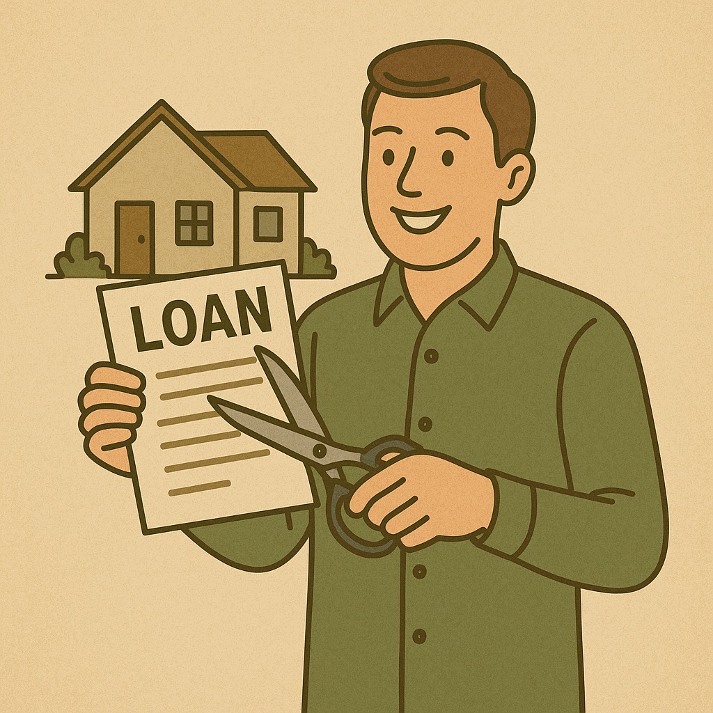 A happy homeowner cutting a symbolic loan document after closing their home loan early through smart prepayment strategies.