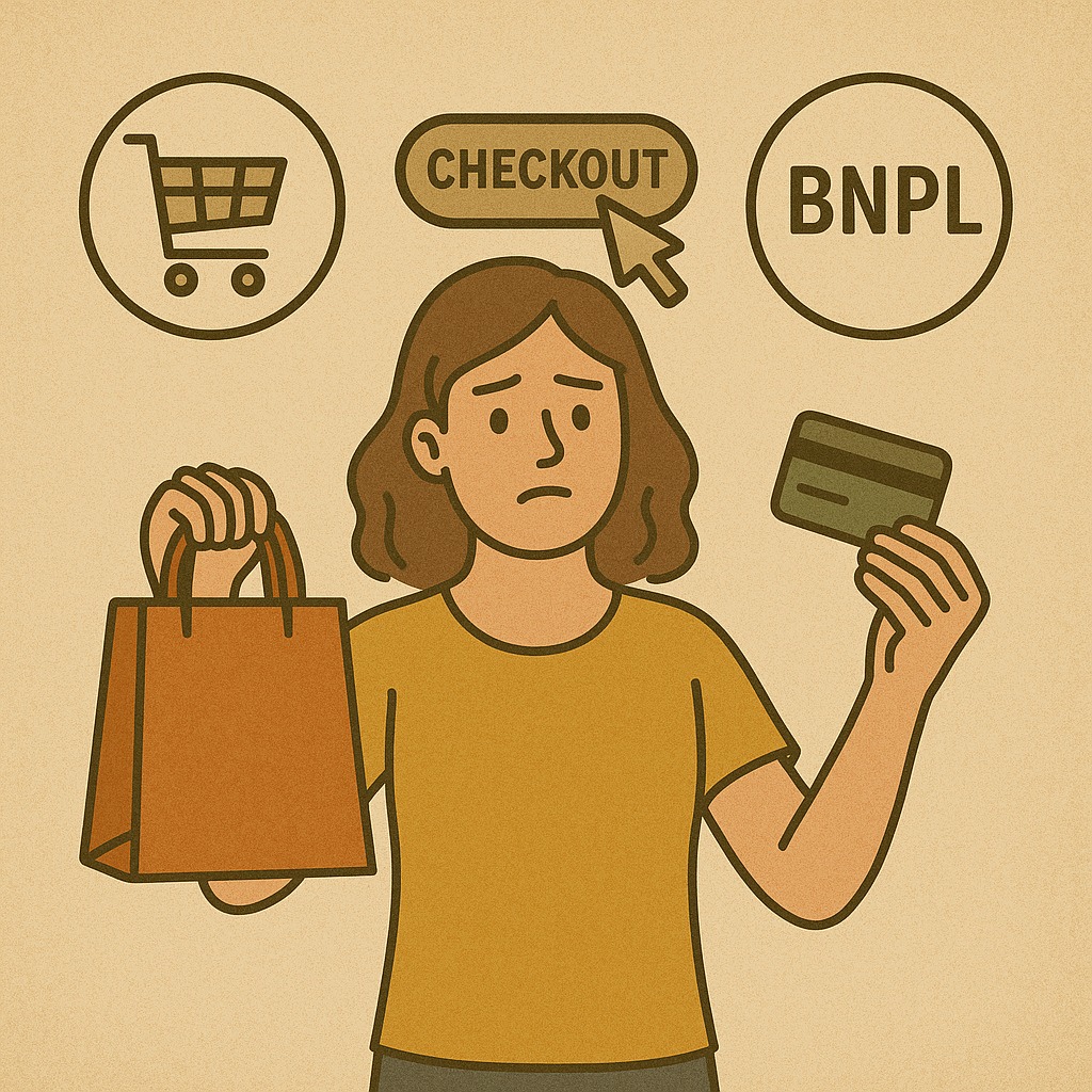 A shopper surrounded by online checkout icons, balancing between BNPL and credit card payments.