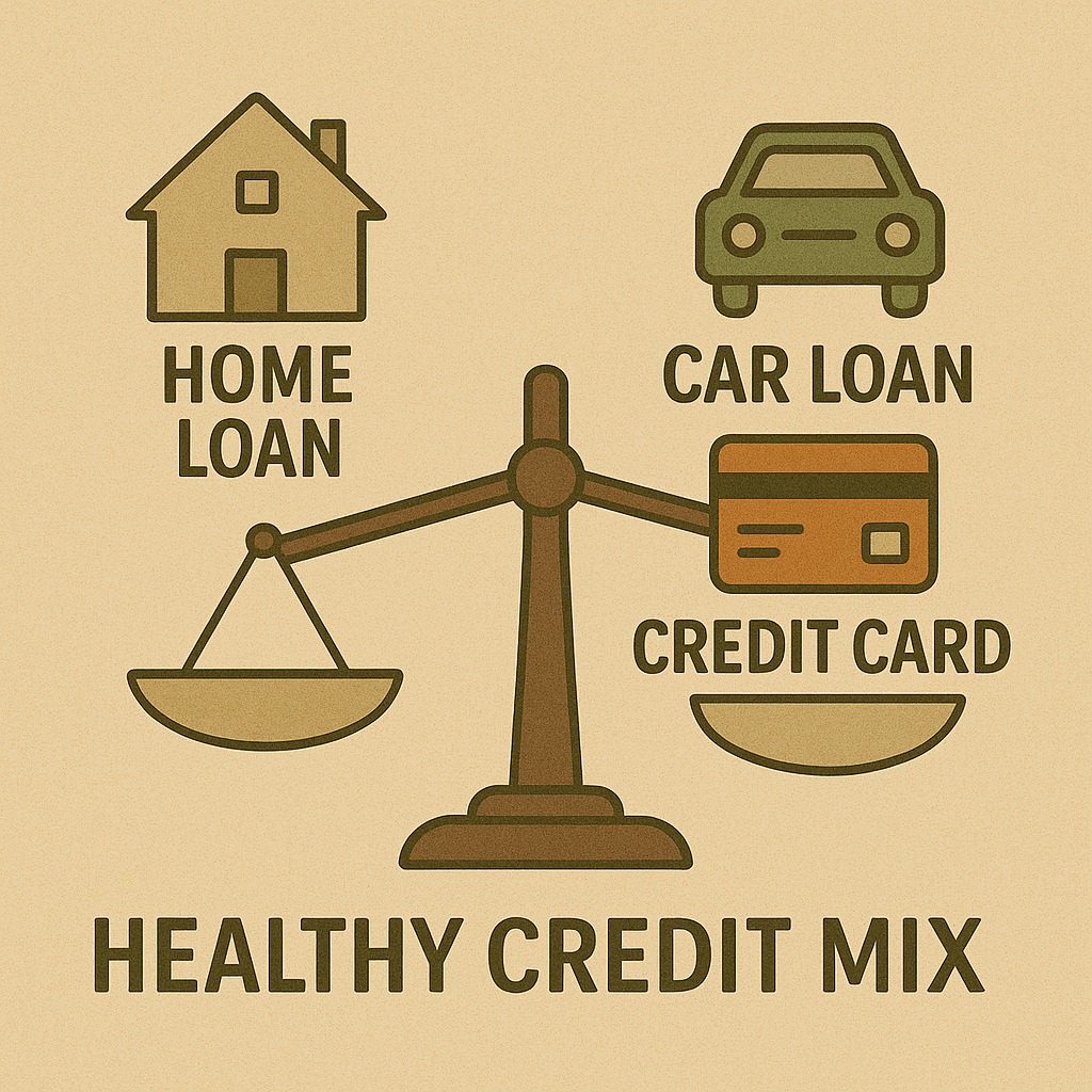 An illustration showing a balance scale with different types of loans — home, car, and credit card — symbolizing a healthy credit mix.