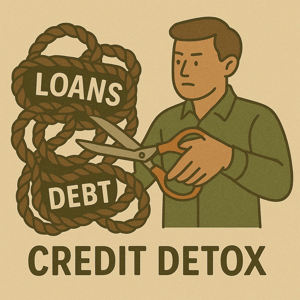 A person cutting tangled ropes labeled “loans” and “debt” to symbolize financial recovery through credit detox.