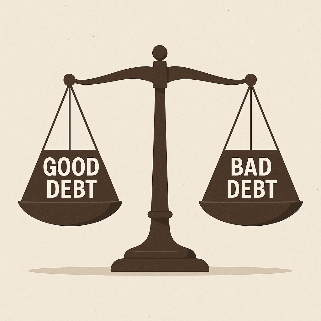 A balanced scale showing “Good Debt” on one side and “Bad Debt” on the other, symbolizing smart borrowing for wealth creation.