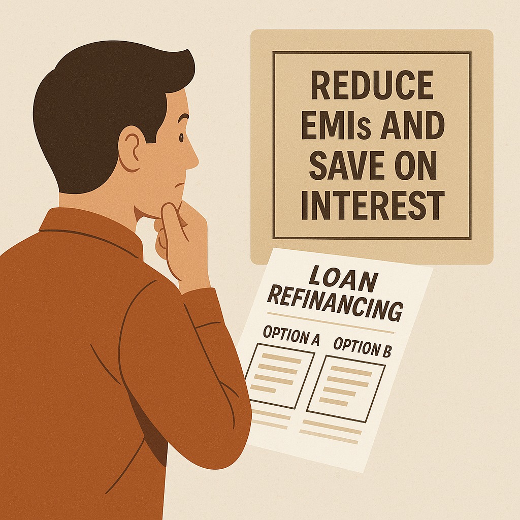 An illustration showing a person comparing loan refinancing options to reduce EMIs and save on interest.