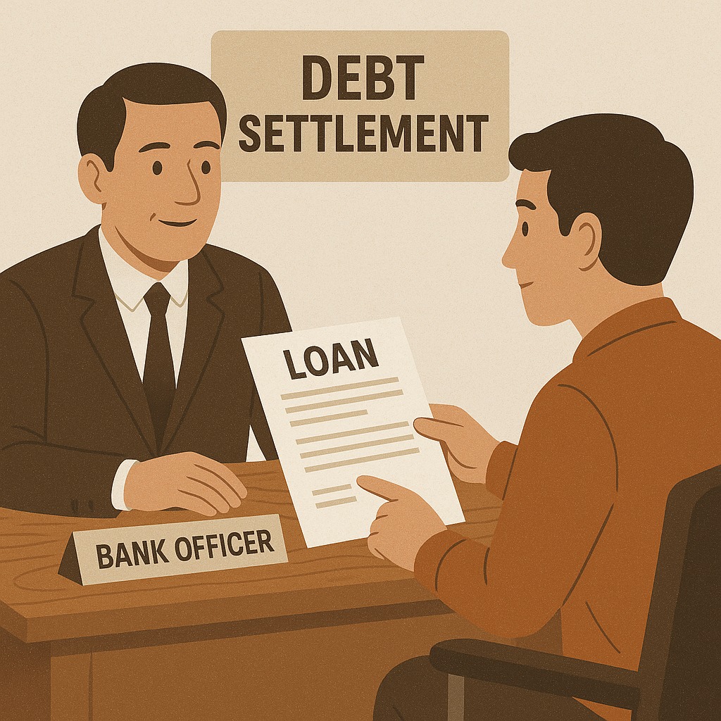 A person negotiating loan papers with a bank officer, symbolizing debt settlement and financial recovery.