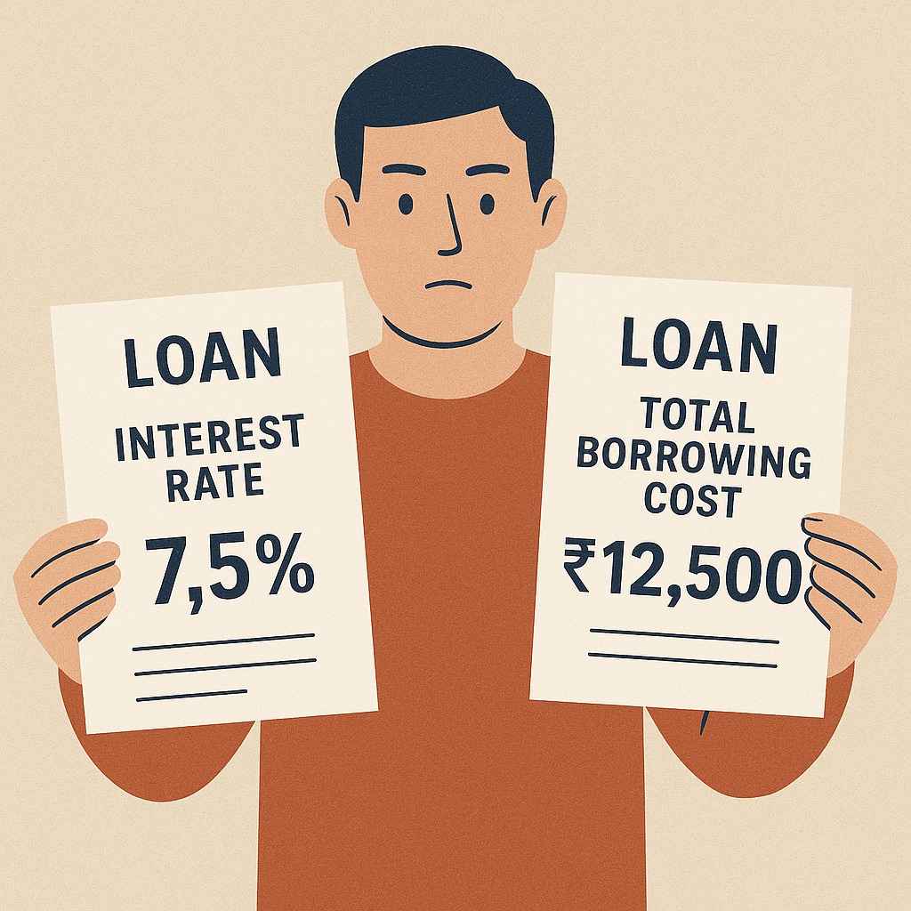 A person comparing loan documents showing interest rate vs total borrowing cost, highlighting hidden charges.