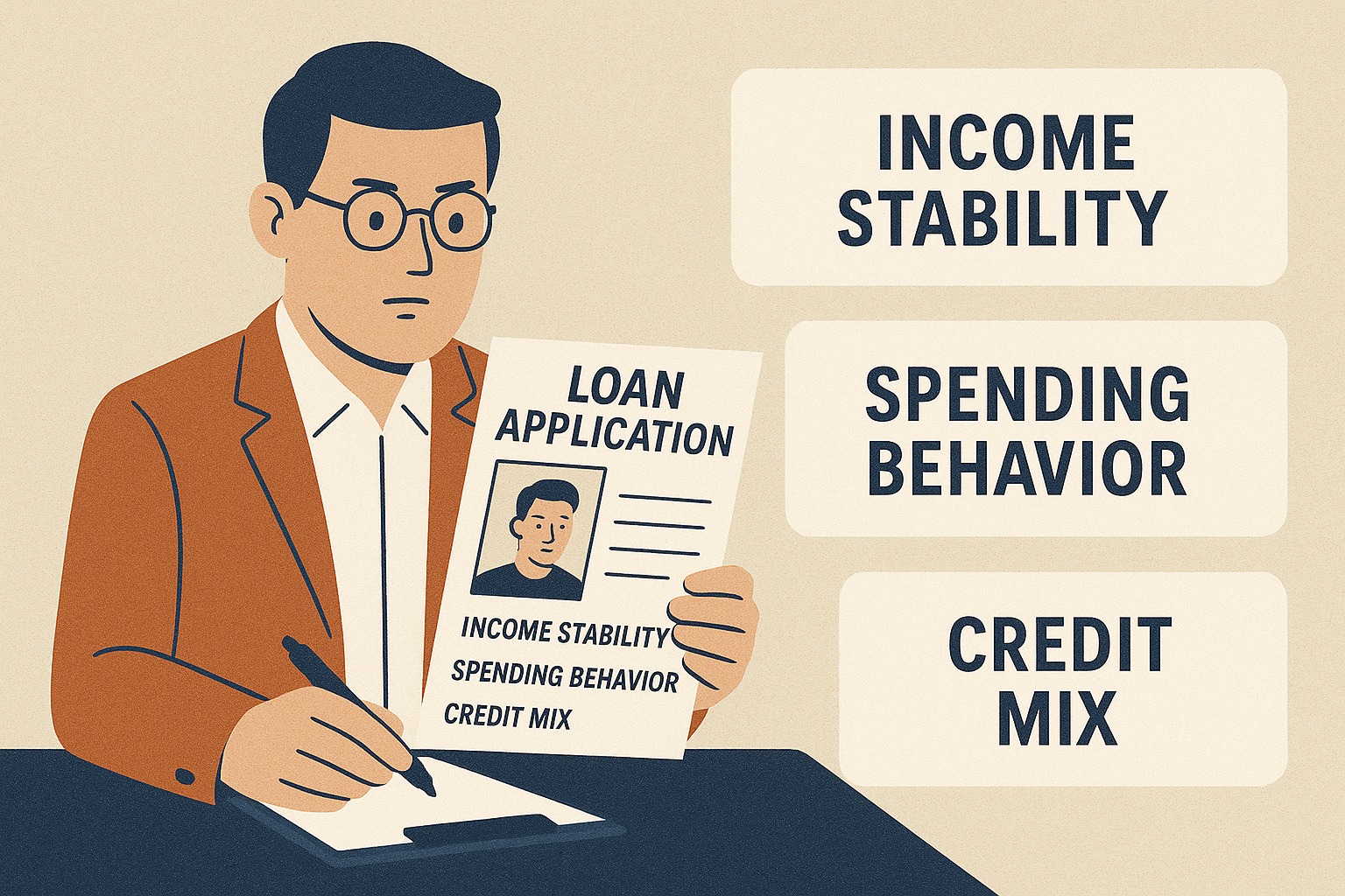 A lender reviewing a loan applicant’s profile beyond credit score, analyzing income stability, spending behavior, and credit mix.