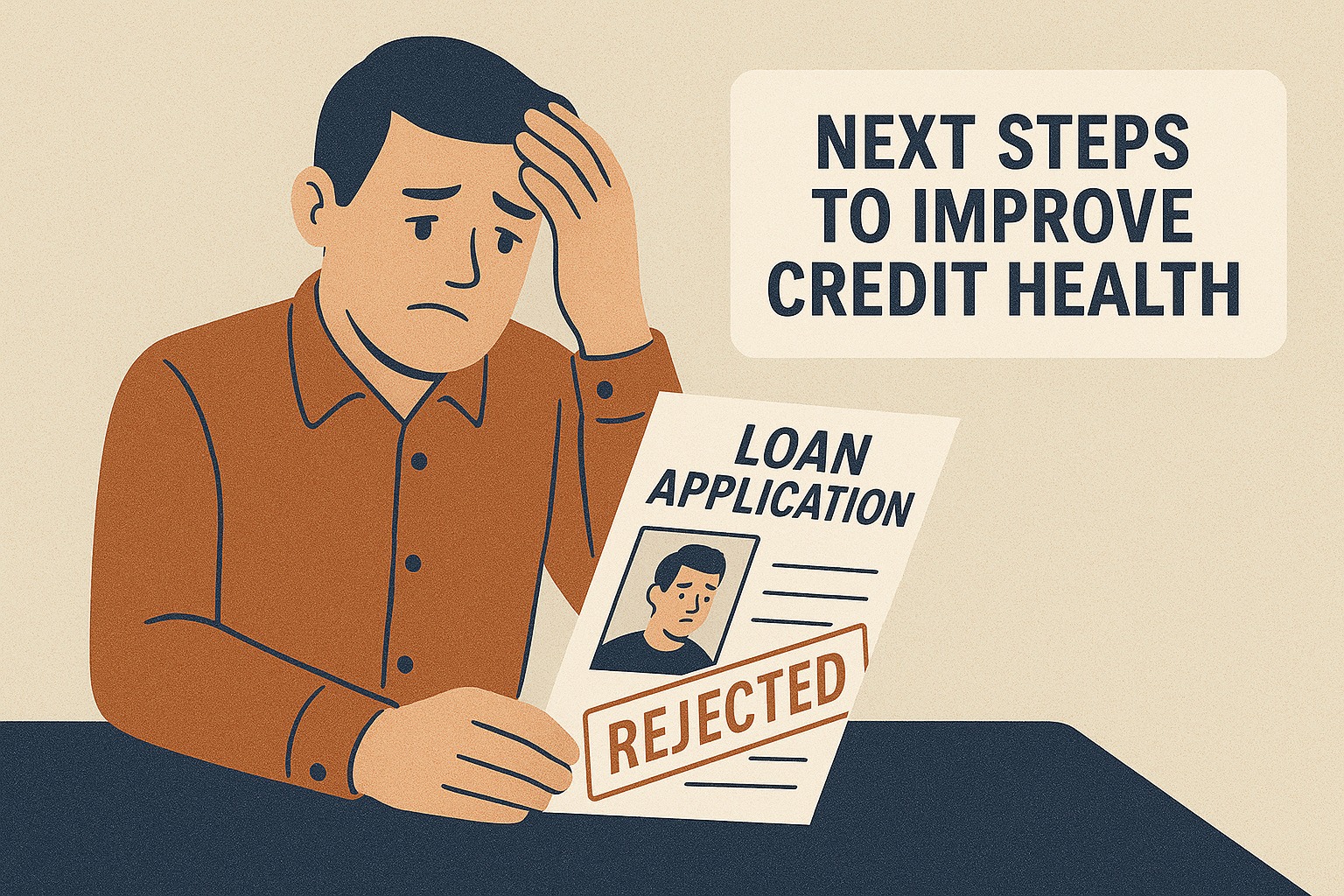 A disappointed borrower reviewing a rejected loan application while planning next steps to improve credit health.