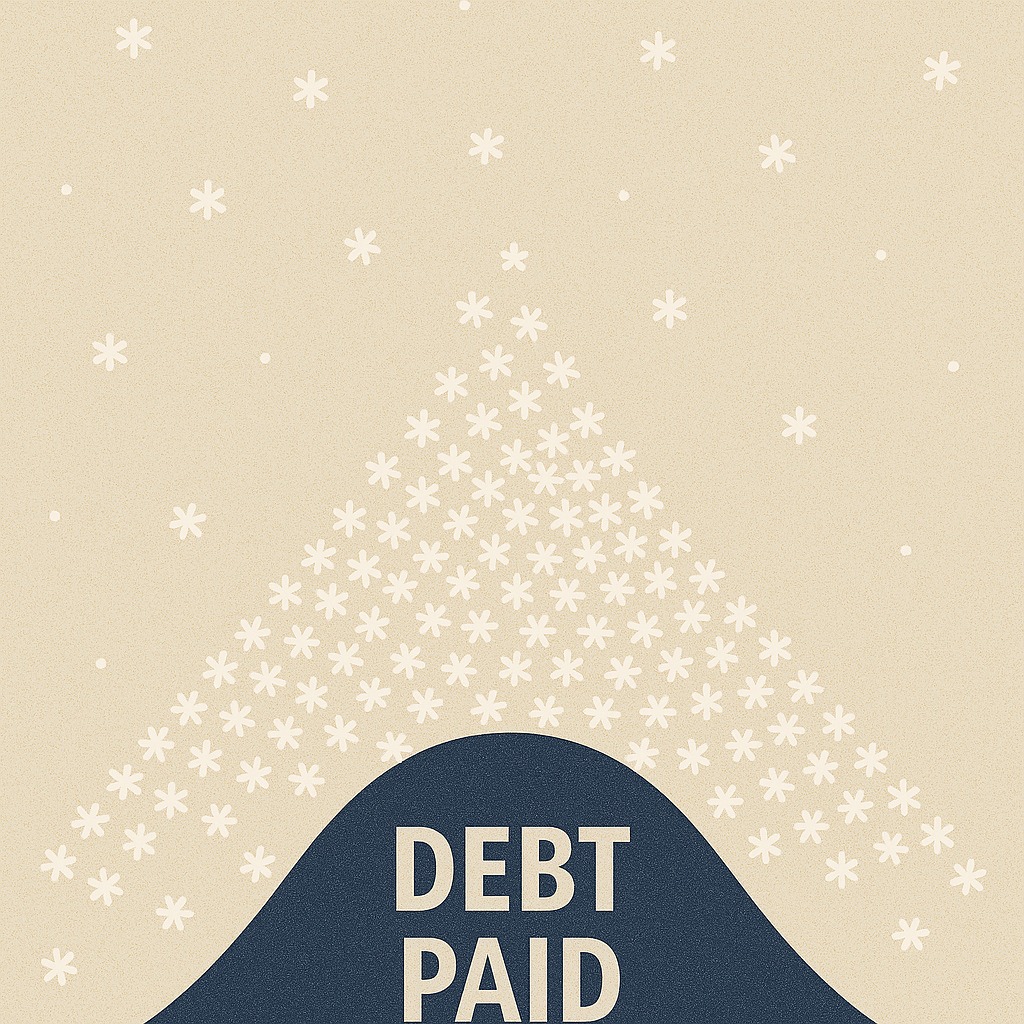 An illustration showing small snowflakes stacking up to form a large mountain of “Debt Paid” — symbolizing micro-repayments adding up over time.