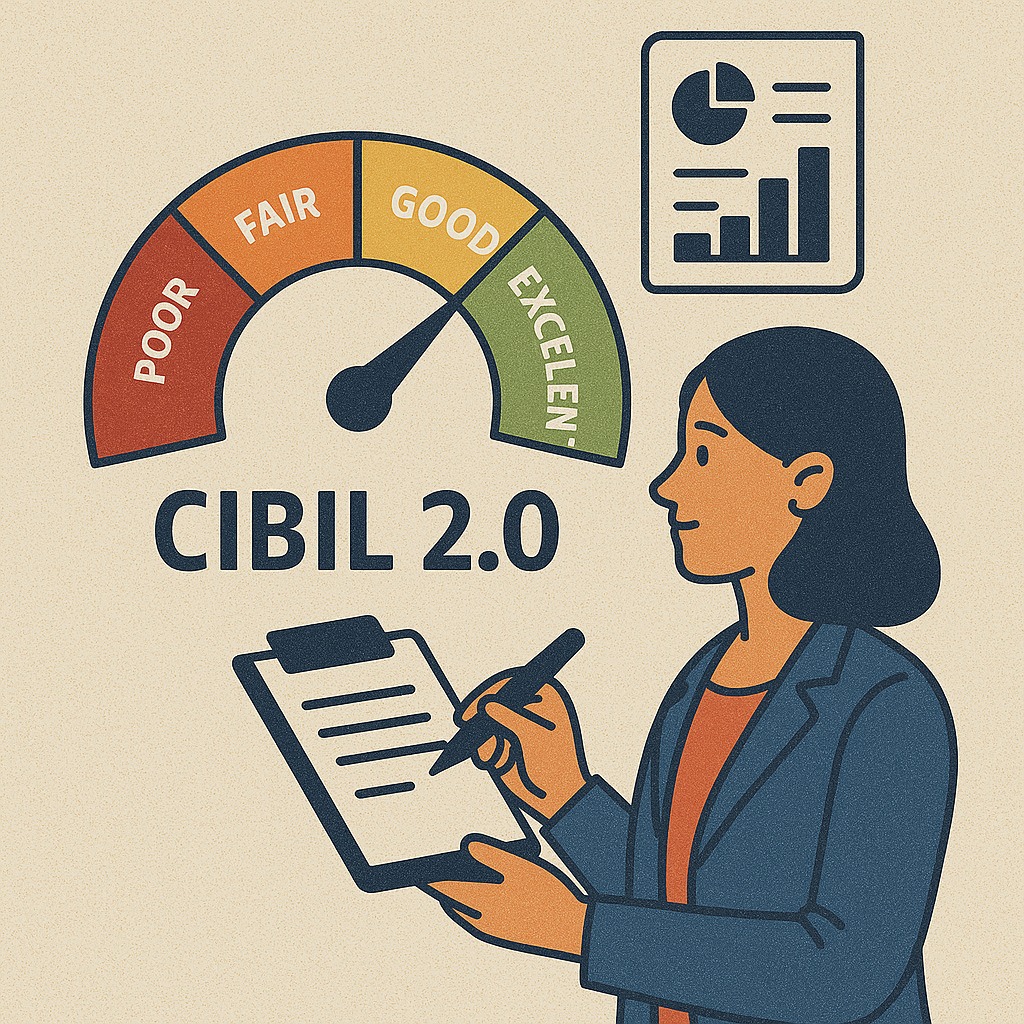 An updated credit score meter showing “CIBIL 2.0” with a lender analyzing new scoring parameters.