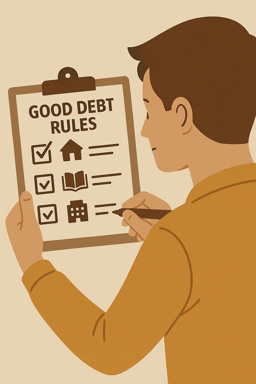 Illustration of a person checking a financial checklist titled “Good Debt Rules” with icons of a home, book, and busines
