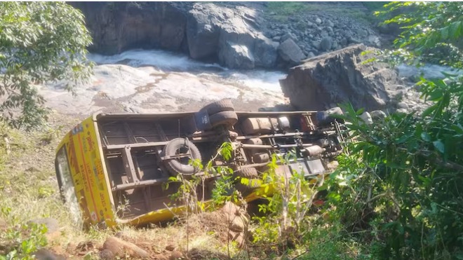 Rescue teams at the site where an overloaded bus carrying students plunged into a gorge in Maharashtra’s Nandurbar district