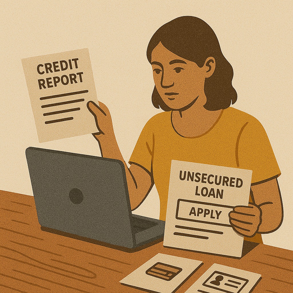 Freelancer checking credit report and applying for unsecured loan online using financial documents.