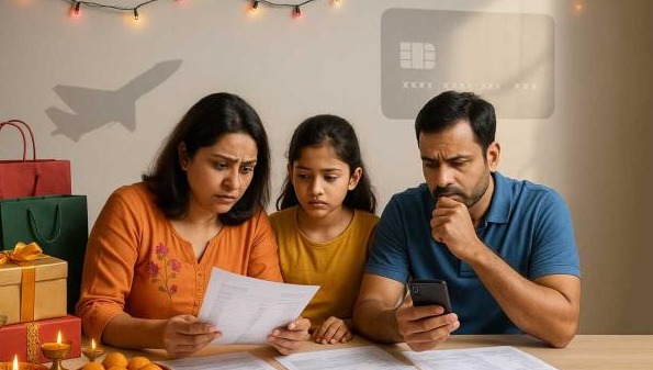 Person reviewing post-festive credit card bills and planning repayment to avoid interest.