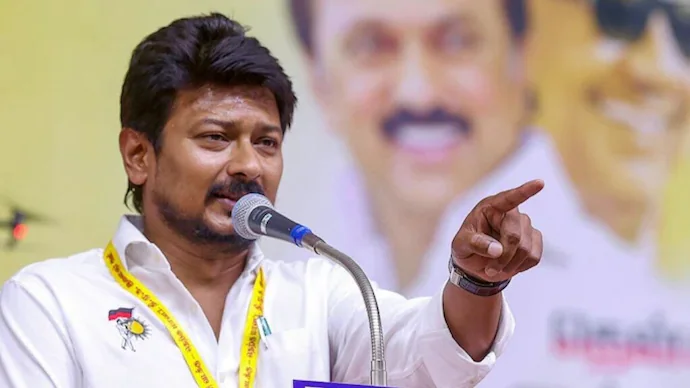 Udhayanidhi Stalin speaking at DMK rally in Tamil Nadu criticising TVK and AIADMK
