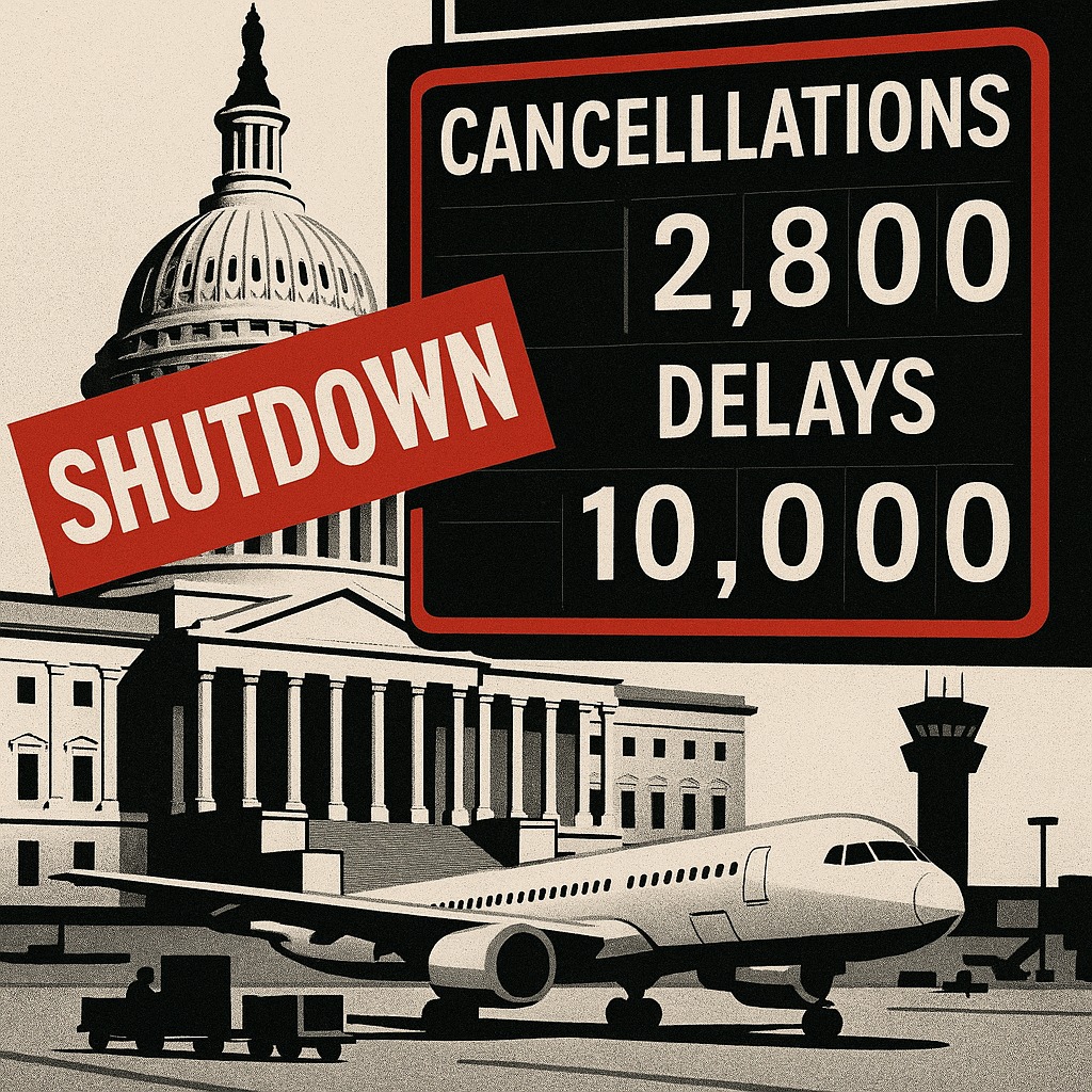 US government shutdown causes 2,800 flight cancellations and 10,000 delays due to FAA staffing shortages