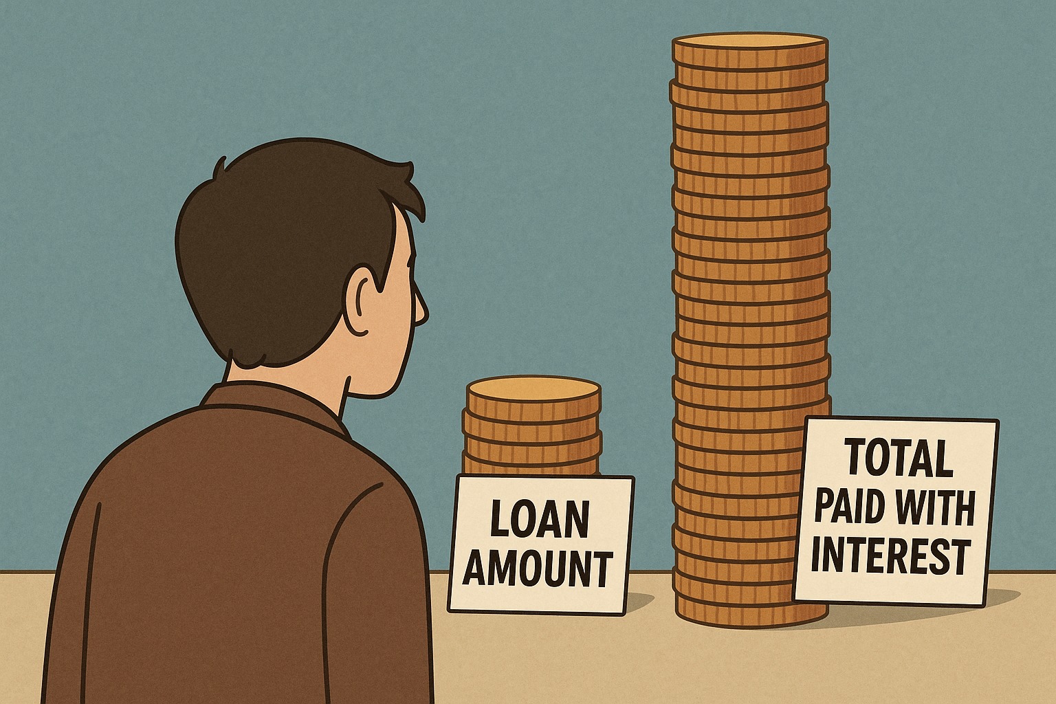 A borrower looking at two stacks of coins — one labeled “Loan Amount” and another much taller labeled “Total Paid with Interest,” symbolizing the interest trap.