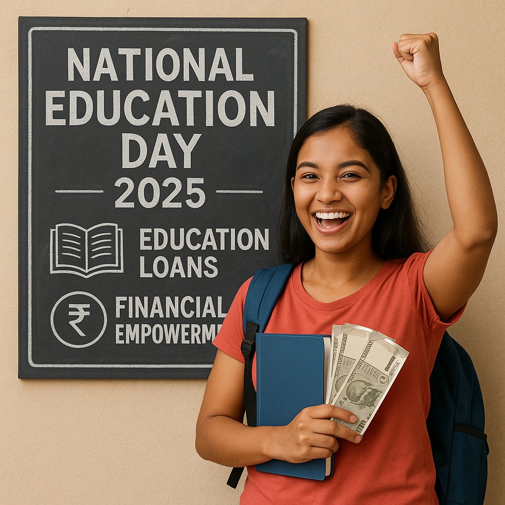 Student celebrating National Education Day 2025 with a focus on education loans and financial empowerment in India.