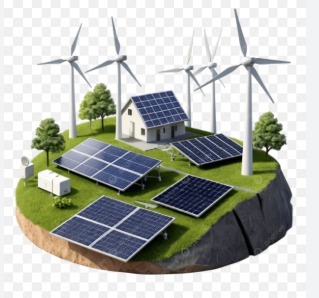 Bank building with green renewable energy icons (solar panels, wind turbines) and the RBI logo in the background, symbolising climate finance policy change