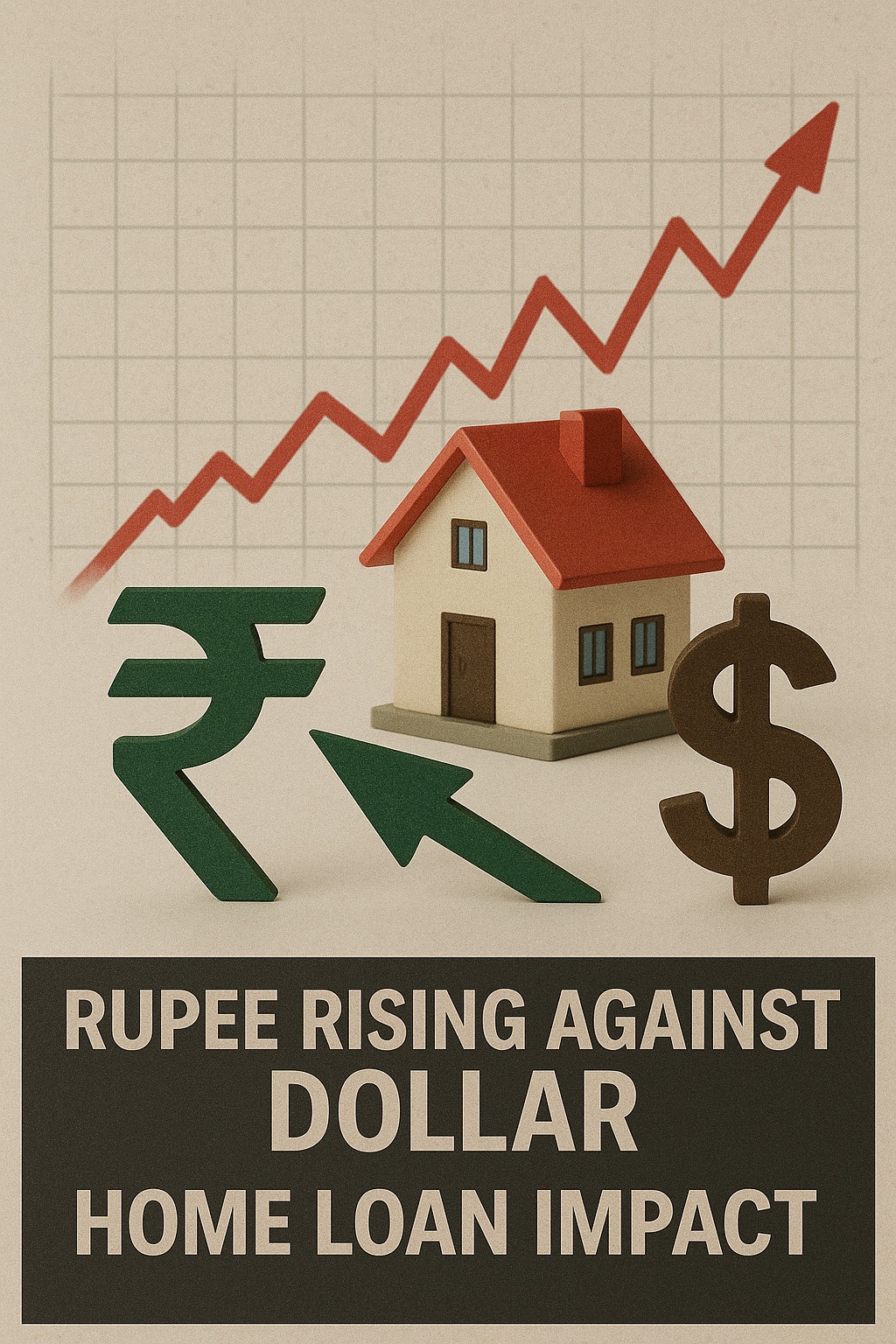 A visual showing the Indian rupee rising against the U.S. dollar with a house and interest rate graph in the background, symbolizing home loan impact.