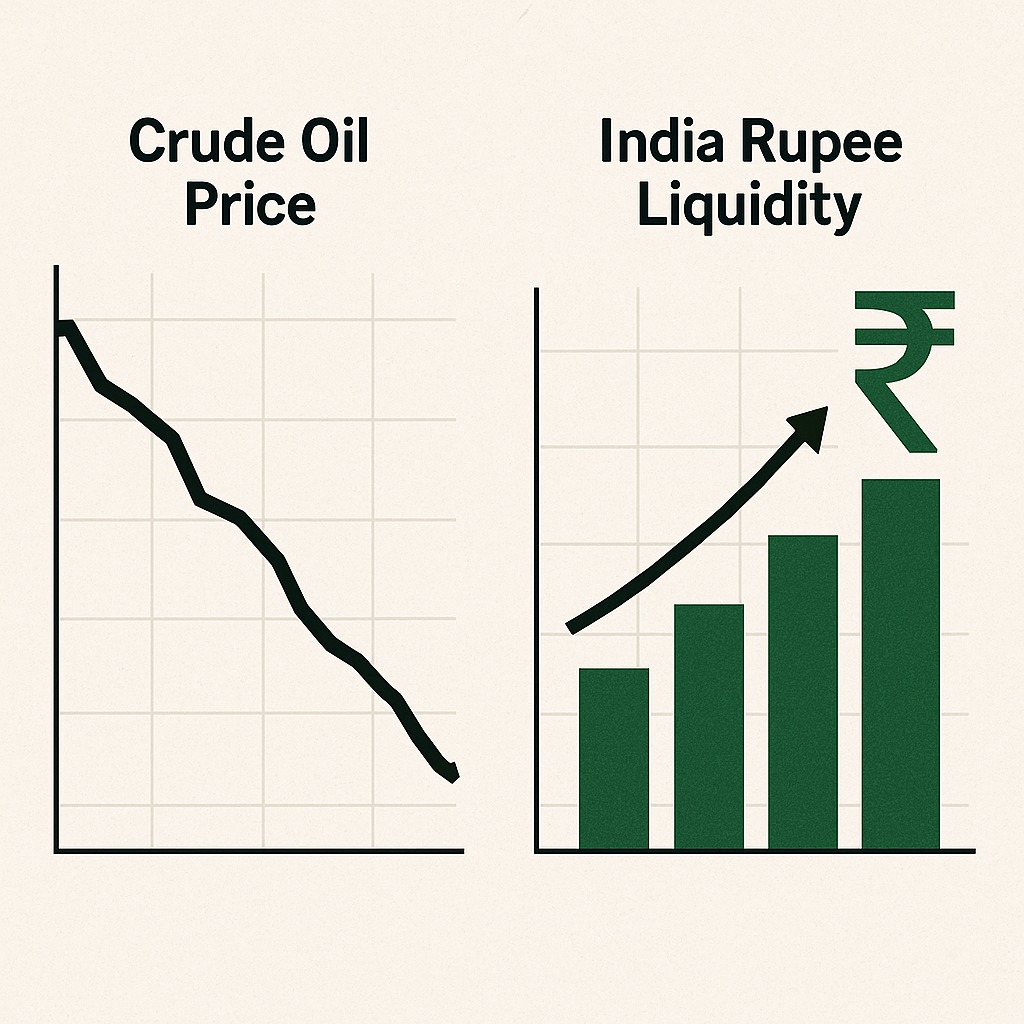 Graph of declining crude oil price next to India-rupee liquidity chart, symbolising improving conditions for India’s investment cycle.