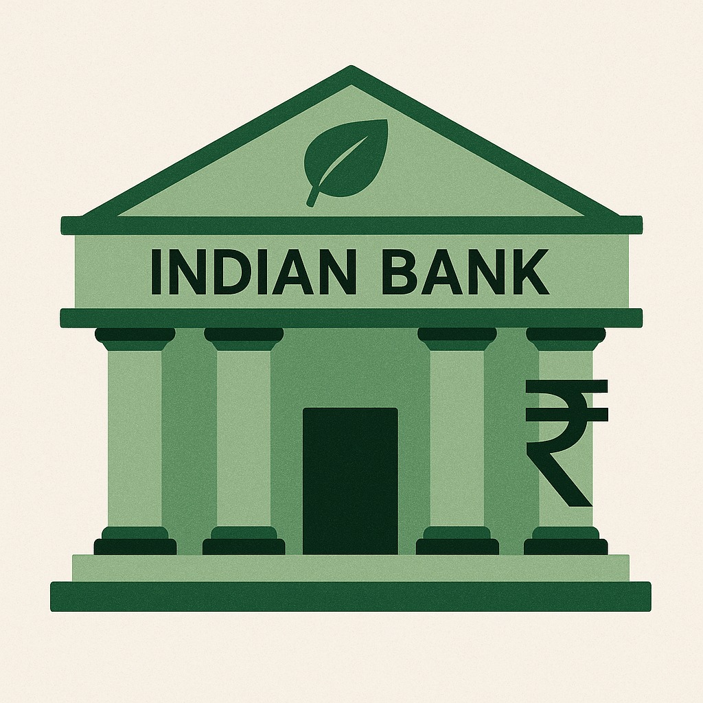 An Indian bank branch with a green leaf icon and rupee symbol showing eco-friendly lending, symbolising climate finance becoming part of loan decision-making.