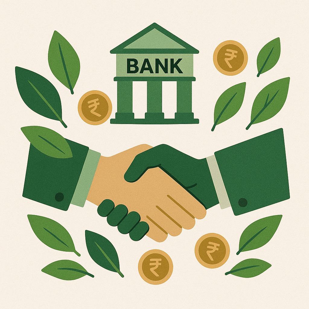 A bank handshake surrounded by green leaves and coins, symbolizing how climate finance policies are reshaping India’s lending ecosystem.