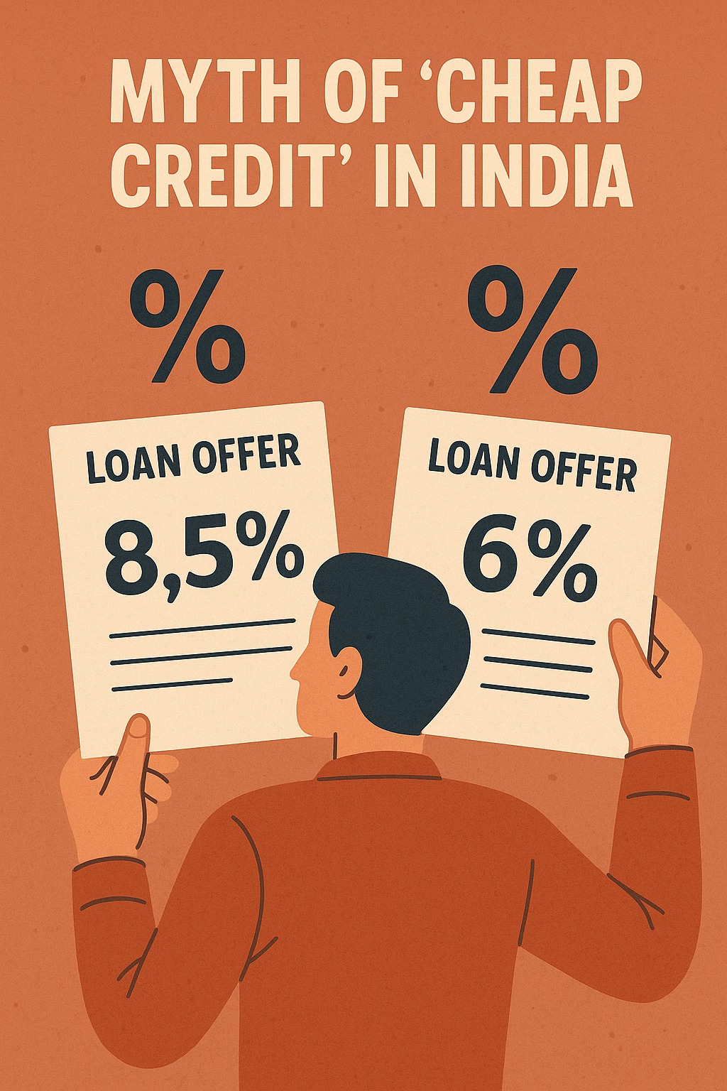 An image showing a person comparing loan offers with different interest rates, symbolizing the myth of “cheap credit” in India.