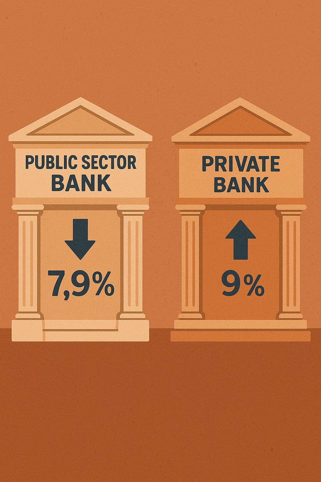 Two bank façades side by side — one labelled “Public Sector Bank” and the other “Private Bank” — with arrows showing differing interest-rates, symbolising the borrower’s choice.